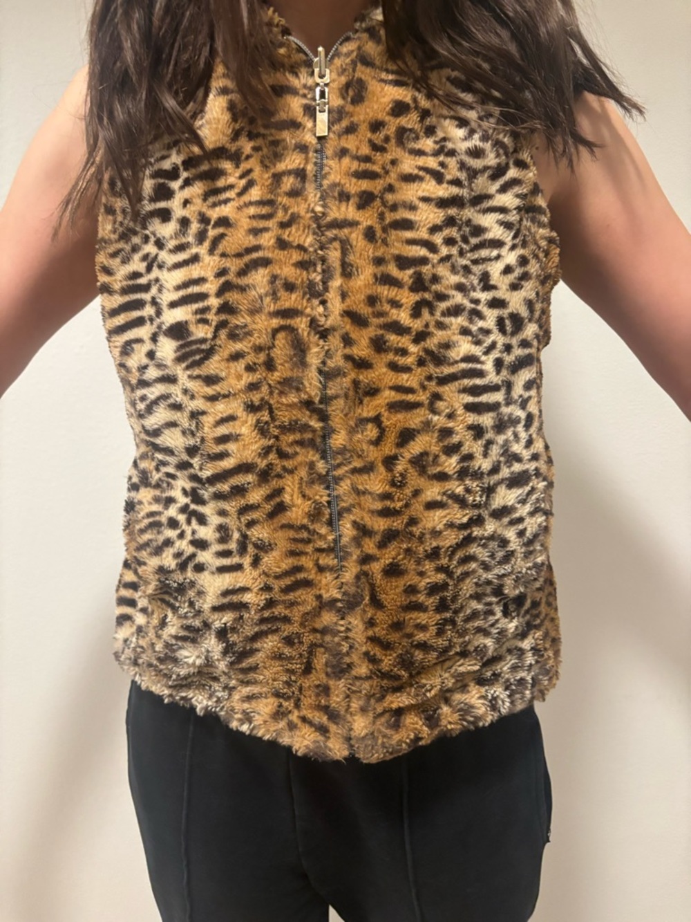 Faux Fur Leopard Print Zip Vest - Golden Brown
